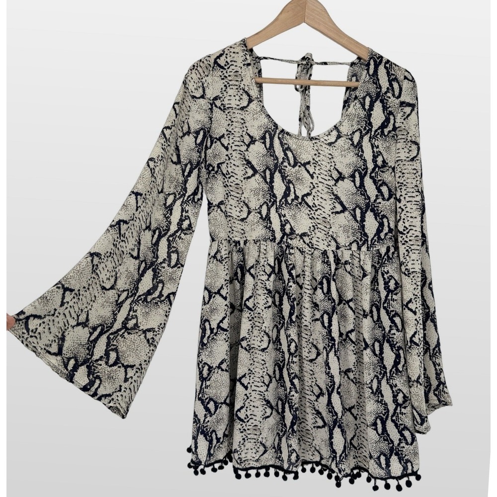 Tobi Snakeskin Bell Sleeve Mini Dress Sz M Pom Pom Trim Boho Indie Edgy Festival
